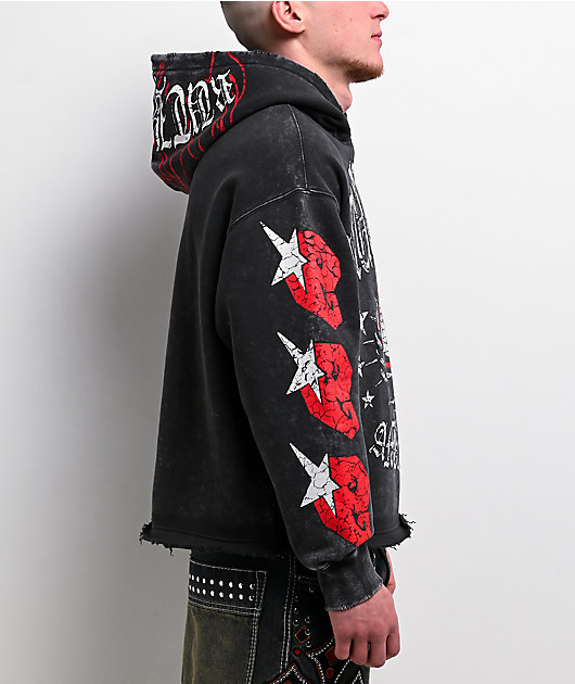 Ninth Hall Ego World Black Wash Distressed Crop Hoodie