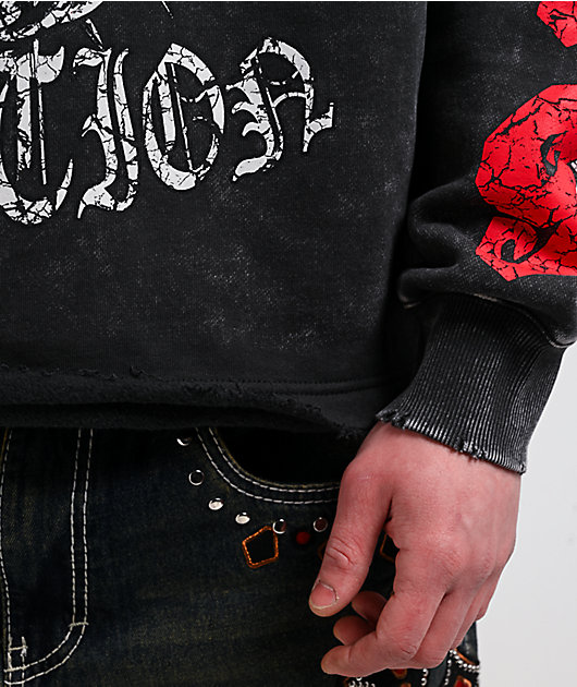 Ninth Hall Ego World Black Wash Distressed Crop Hoodie