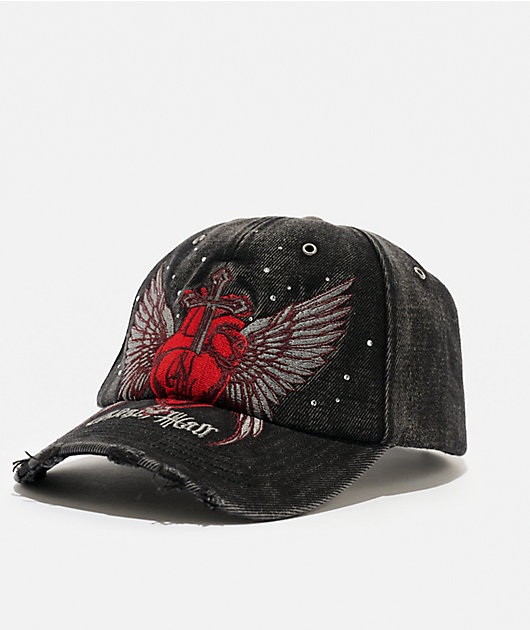 Ninth Hall Fluttering Heart Black Wash Strapback Hat | Zumiez
