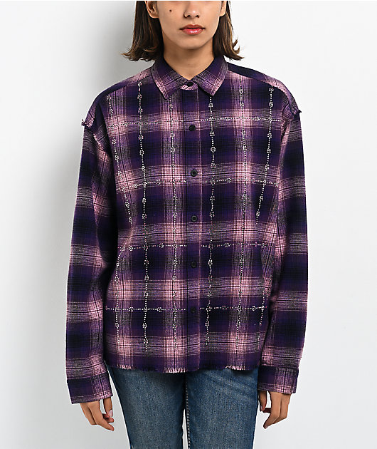 Ninth Hall Freya Rhinestone Pink & Purple Flannel Shirt