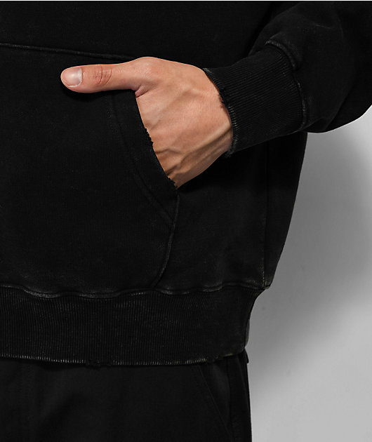 Black Distressed-hem washed cotton-jersey hoodie