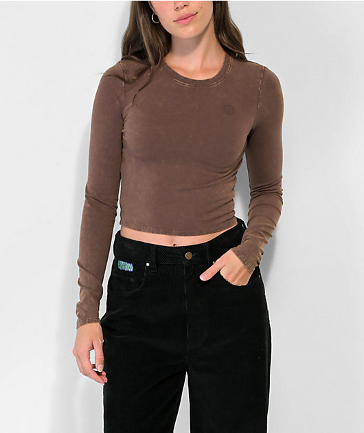 Ninth Hall Fundamentals Estie Brown Wash Fitted Crop Long Sleeve T-Shirt |  Zumiez