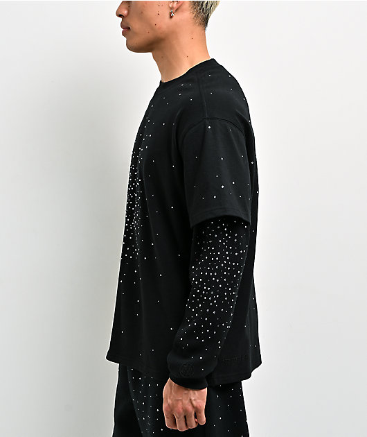 Ninth Hall Fundamentals Rhinestone Black Boxy 2Fer Long Sleeve Shirt