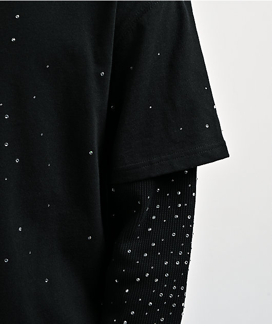 Ninth Hall Fundamentals Rhinestone Black Boxy 2Fer Long Sleeve Shirt