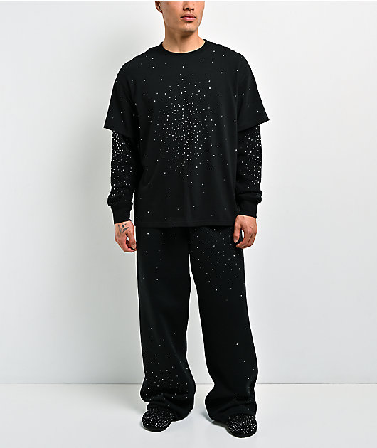 Ninth Hall Fundamentals Rhinestone Black Boxy 2Fer Long Sleeve Shirt