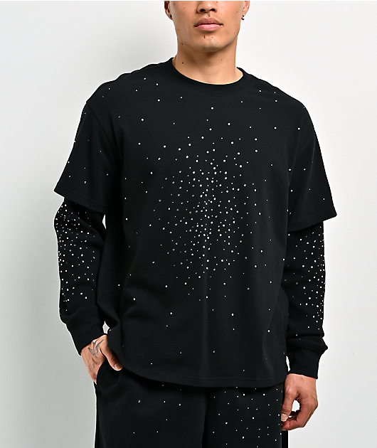 Ninth Hall Fundamentals Rhinestone Black Boxy 2Fer Long Sleeve Shirt