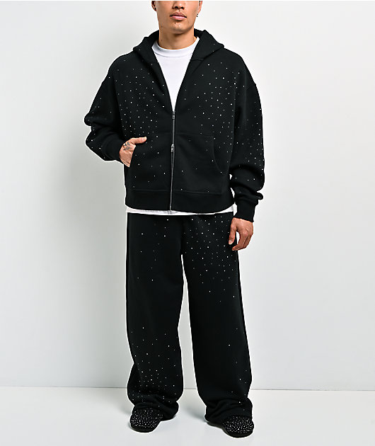 Ninth Hall Fundamentals Rhinestone Black Boxy Zip Hoodie