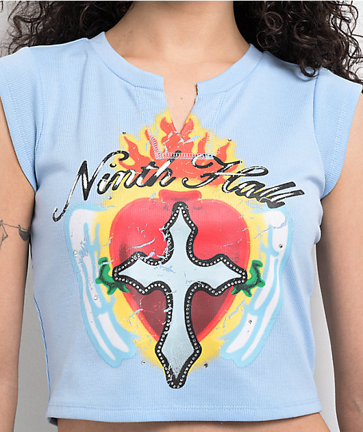 Ninth Hall Harper Cross Heart Light Blue Crop T-Shirt | Zumiez