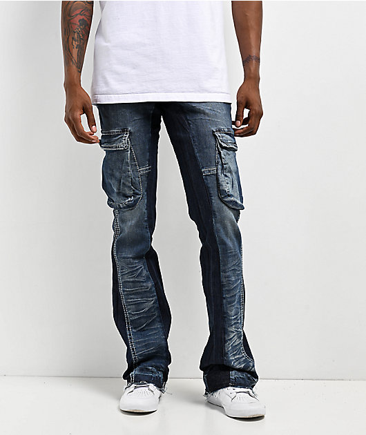 Ninth Hall Haze Blue Wash Stacked Flare Cargo Jeans | Zumiez