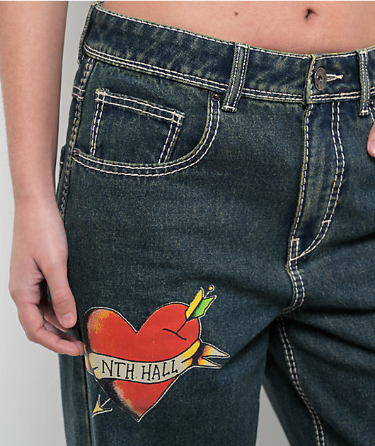 Ninth Hall Idle Printed Blue Dark Wash Straight Leg Jeans