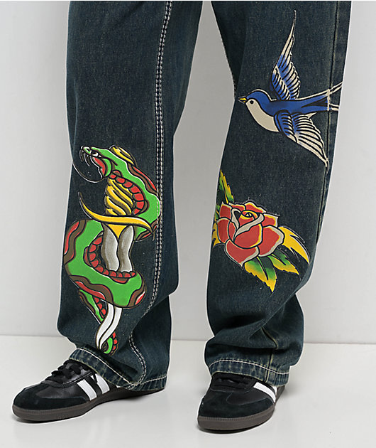 Ninth Hall Idle Printed Blue Dark Wash Straight Leg Jeans