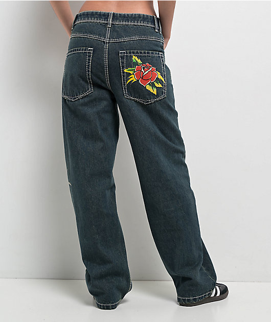 【カジュアルアンティークスタイル】JAPONISM JN901 C5 49 Ninth Hall Idle Printed Dark Wash Straight Leg Jeans | Zumiez
