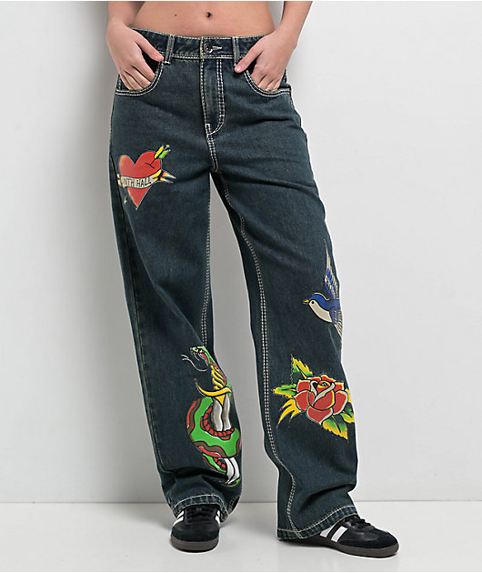 Ninth Hall Idle Printed Blue Dark Wash Straight Leg Jeans | Zumiez