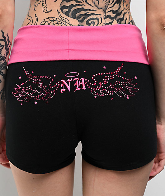 Ninth Hall Jennifer Rhinestone Black & Pink Foldover Shorts