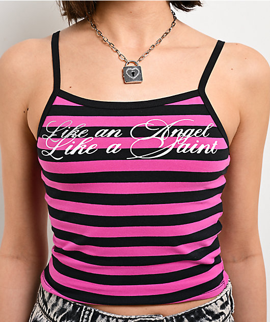 Ninth Hall Kerri Stripe Black & Pink Crop Tank Top | Zumiez