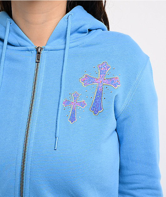 Ninth Hall Leopard Cross Blue Crop Zip Hoodie