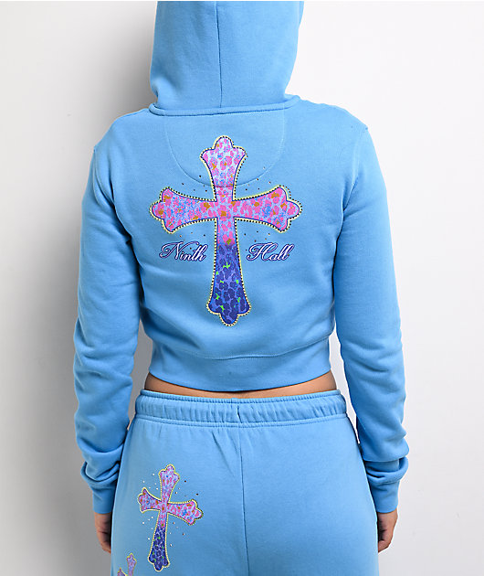 Ninth Hall Leopard Cross Blue Crop Zip Hoodie