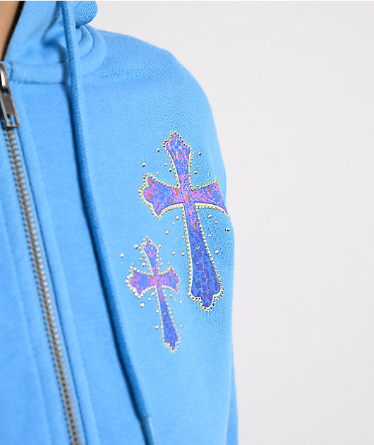Ninth Hall Leopard Cross Blue Crop Zip Hoodie