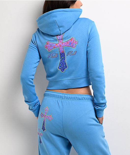 Ninth Hall Leopard Cross Blue Crop Zip Hoodie