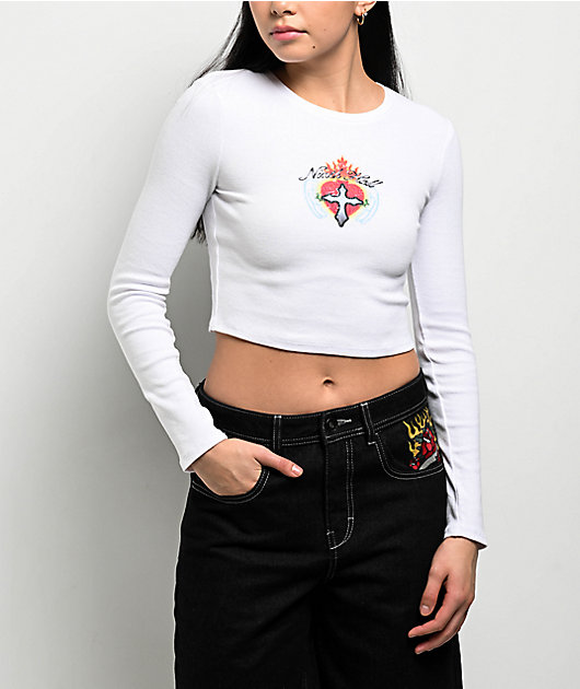 Ninth Hall Livie White Long Sleeve Crop T-Shirt