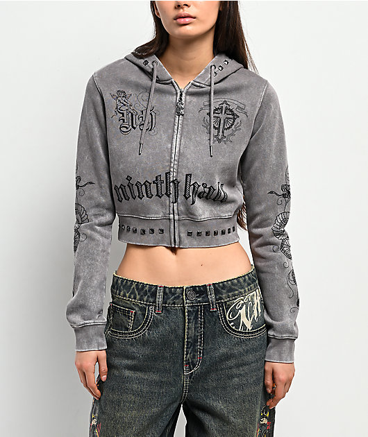 Ninth Hall Melanie Grey Wash Mega Crop Zip Hoodie | Zumiez