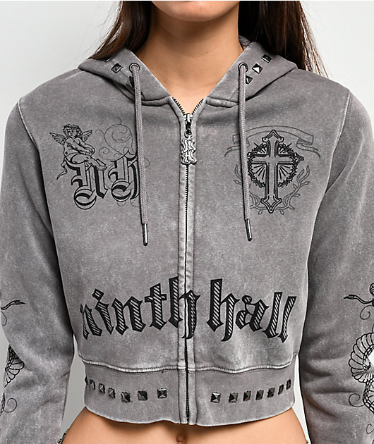 ハートトップス Ninth Hall Melanie Grey Wash Mega Crop Zip Hoodie | Zumiez