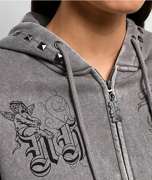 Ninth Hall Melanie Grey Wash Mega Crop Zip Hoodie | Zumiez
