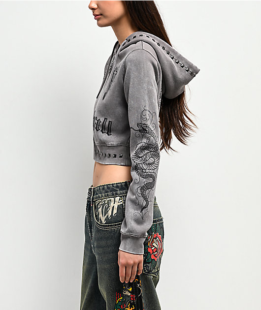 Ninth Hall Melanie Grey Wash Mega Crop Zip Hoodie | Zumiez