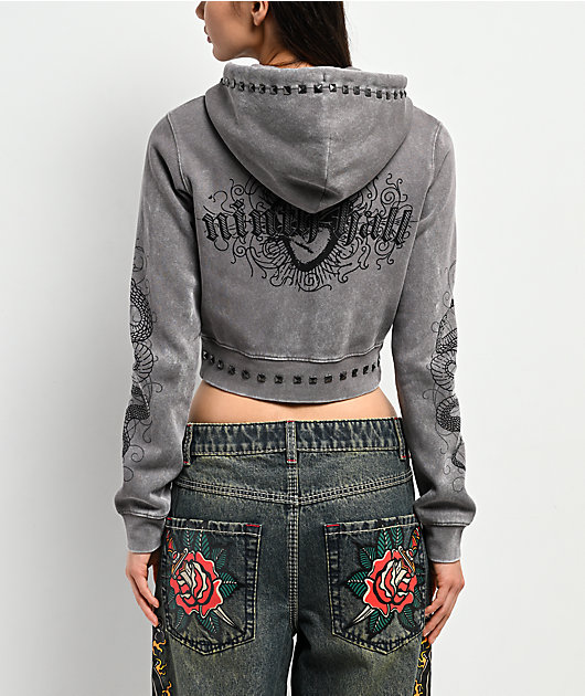 めぽら✽ Ninth Hall Melanie Grey Wash Mega Crop Zip Hoodie | Zumiez