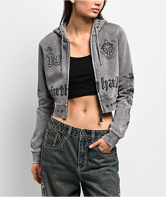 Ninth Hall Melanie Grey Wash Mega Crop Zip Hoodie | Zumiez