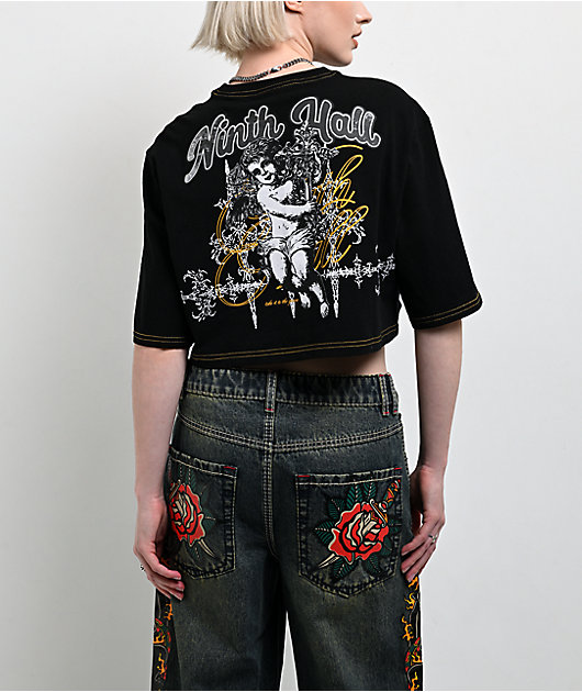 Ninth Hall Olivia Black & Yellow Boxy Crop T-Shirt