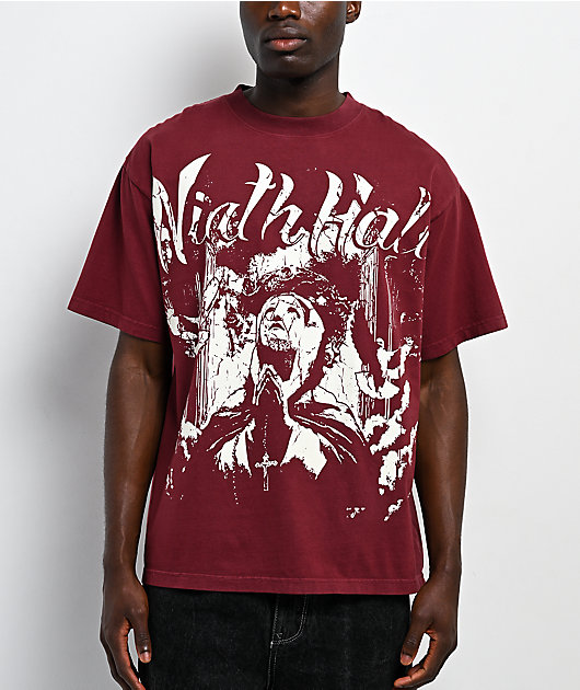 Ninth Hall Prayers Maroon Glow In The Dark Boxy T-Shirt | Zumiez