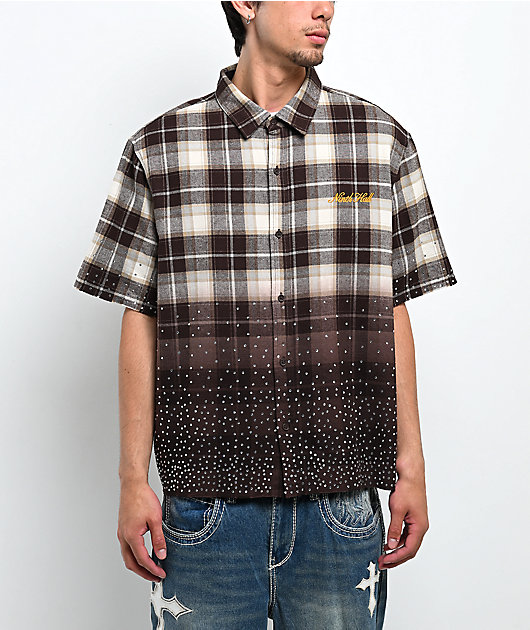 Ninth Hall Public Plaid Beige & Black Short Sleeve Button Up Shirt