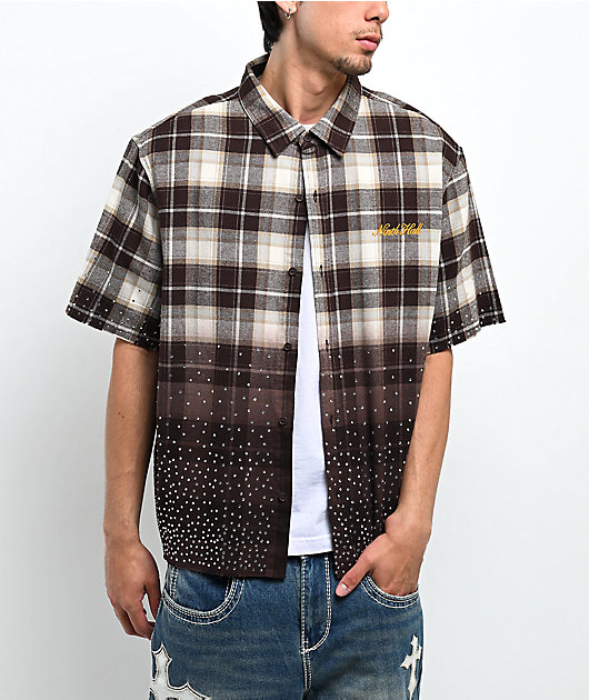 Ninth Hall Public Plaid Beige & Black Short Sleeve Button Up Shirt