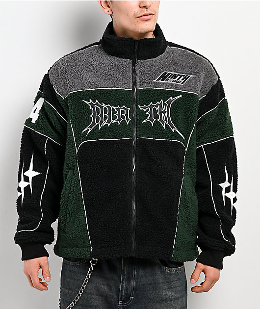 PM✨ Ninth Hall Racer Green & Black Sherpa Zip Jacket | Zumiez
