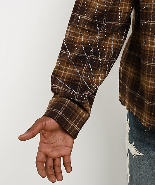 Ninth Hall Rhinestone Brown Long Sleeve Flannel Shirt