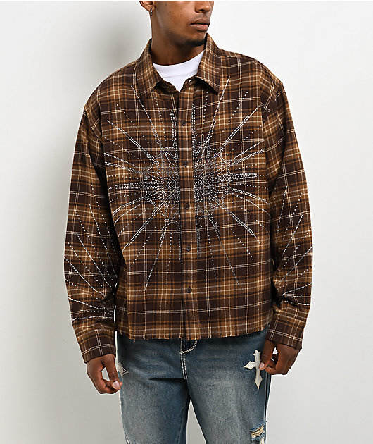 Ninth Hall Rhinestone Brown Long Sleeve Flannel Shirt