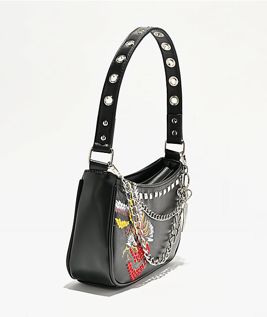 Ninth Hall Rhinestone Heart Black Shoulder Bag