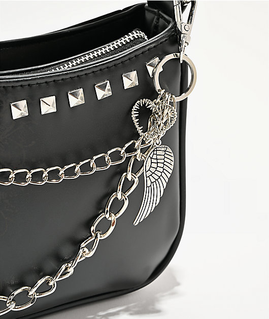 Ninth Hall Rhinestone Heart Black Shoulder Bag
