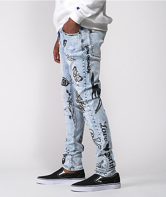 Ninth Hall Rogue jeans ajustados con lavado claro estampado