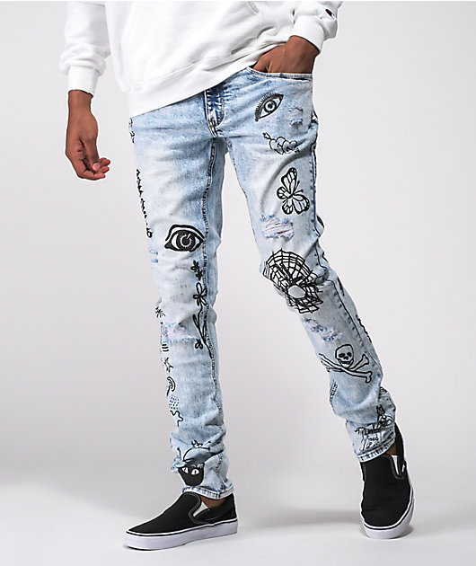 Ninth Hall Rogue jeans ajustados con lavado claro estampado