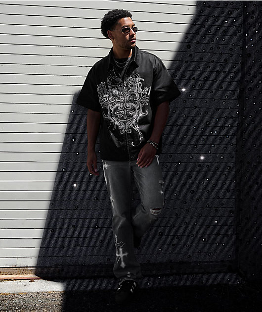 Ninth Hall Salvation Rhinestone Black Boxy Work Shirt