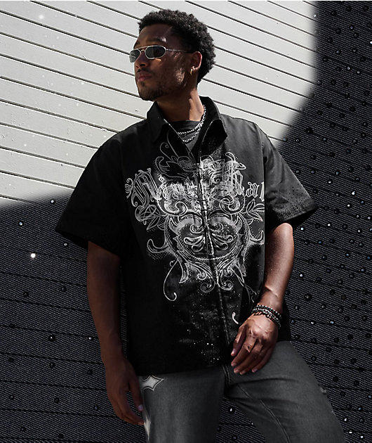 Ninth Hall Salvation Rhinestone Black Boxy Work Shirt
