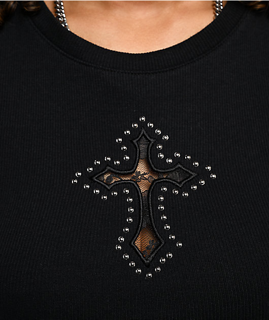Ninth Hall Shawnie Cross Cutout Black Fitted Crop T-Shirt