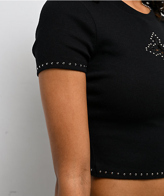 Ninth Hall Shawnie Cross Cutout Black Fitted Crop T-Shirt