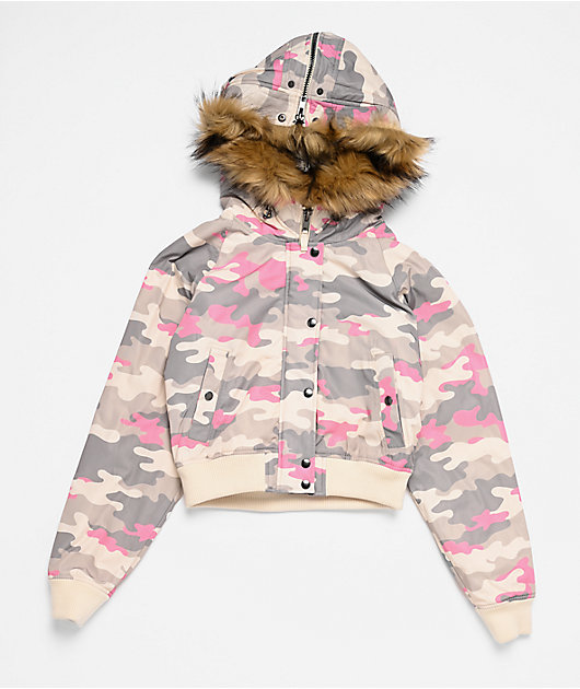 Ninth Hall Shayla Pink Camo Crop Zip Jacket | Zumiez