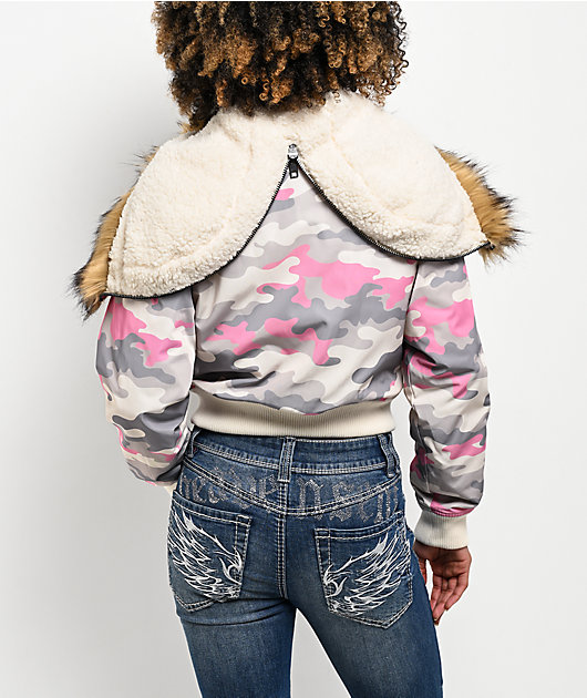 Ninth Hall Shayla Pink Camo Crop Zip Jacket | Zumiez