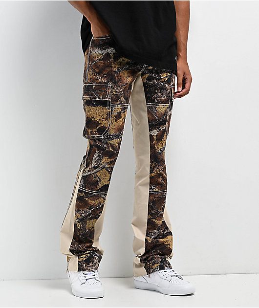 Ninth Hall Stacked Flare Beige Camo Cargo Pants | Zumiez