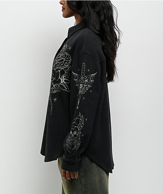 Ninth Hall Stencil Black Thermal Long Sleeve Button Up Shirt