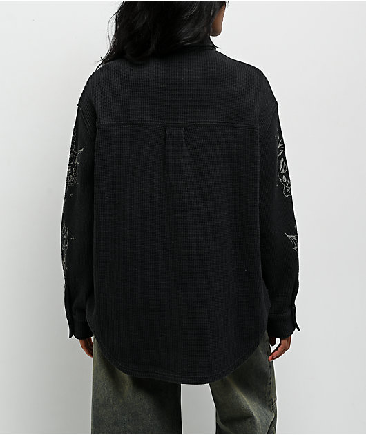 Ninth Hall Stencil Black Thermal Long Sleeve Button Up Shirt